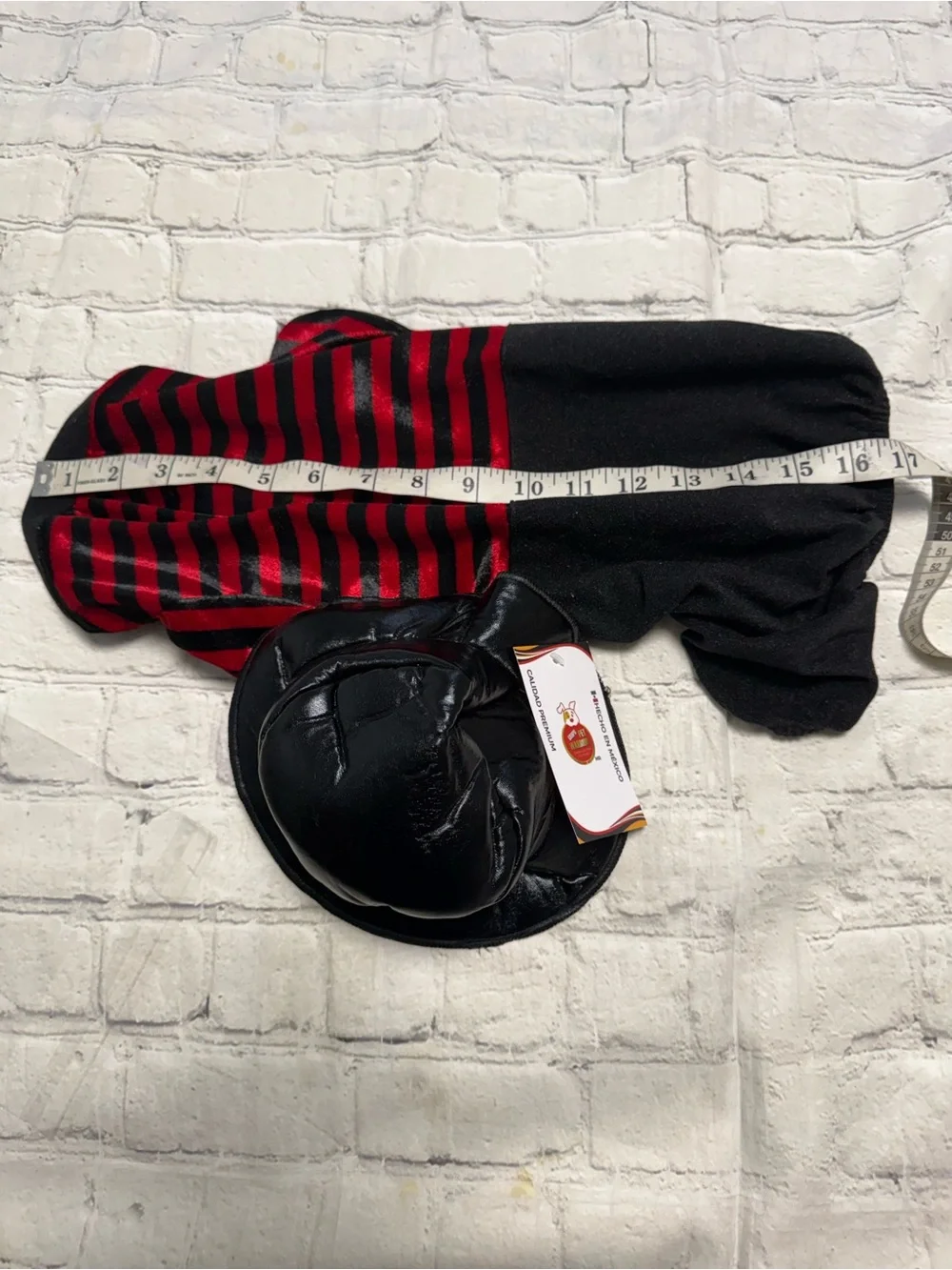 Pet Warrior Dog Red and Black Striped Costume with Black Hat. Halloween costume.